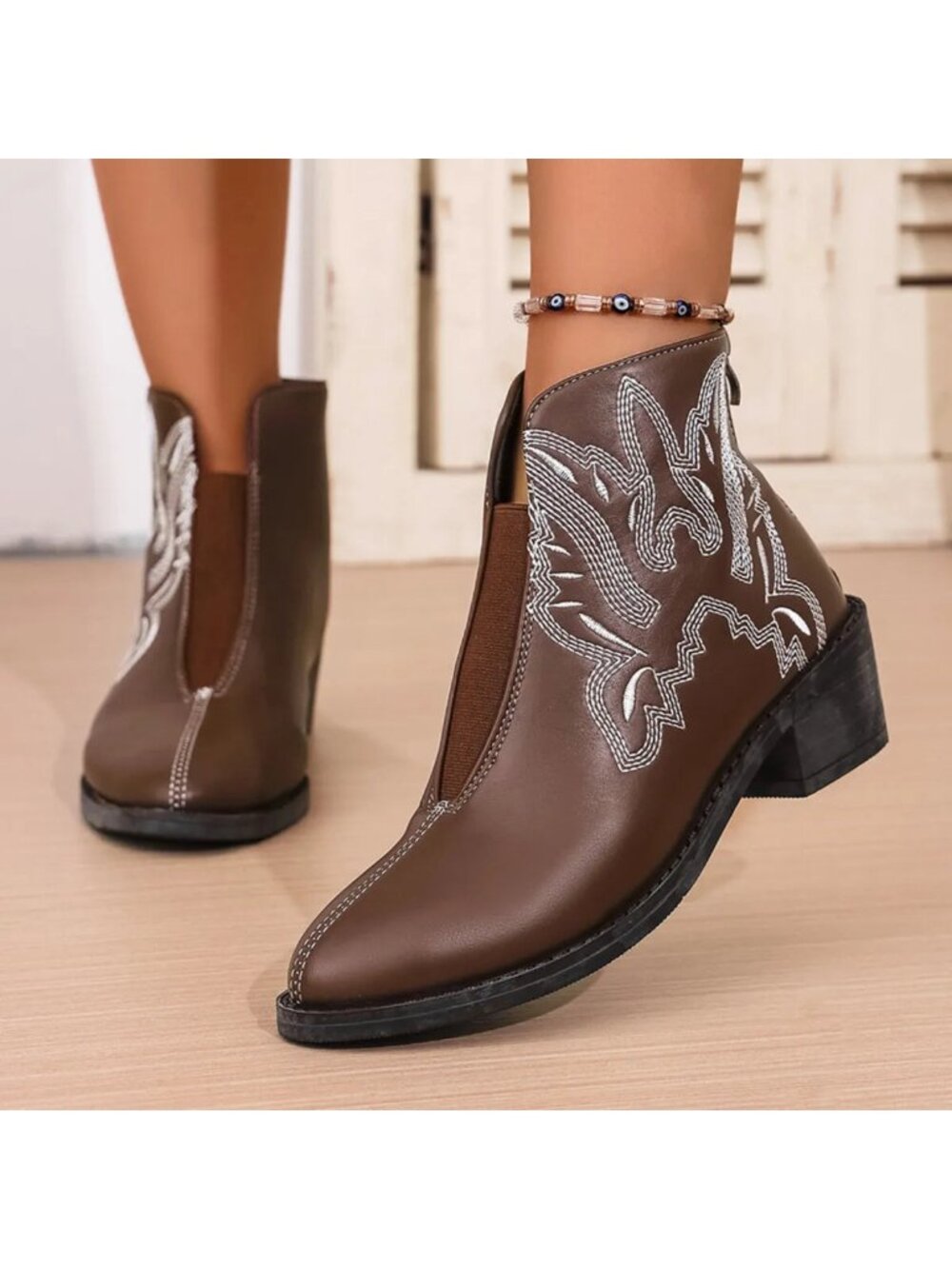Embroidered Pointed Toe Western Chelsea Faux Leather Pull-On Elastic Ankle Boots
